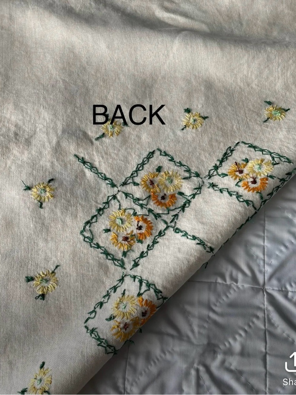 Large Off White Yellow / Gold / Green Hand Embroidered Tablecloth - Picture 4 of 4